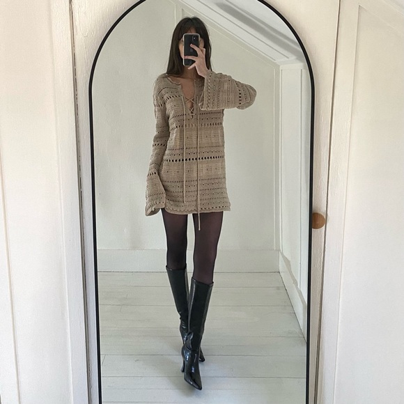 TheOpen Product Pointelle Crochet Knit Wide Sleeve Sweater in Beige Size 1 - Picture 3 of 14